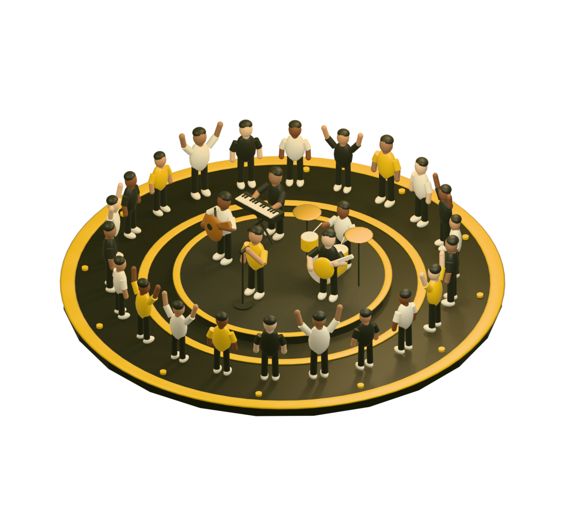3D worship circle with a worship leader, guitar, bass, keyboard and drums surrounded by worshippers.